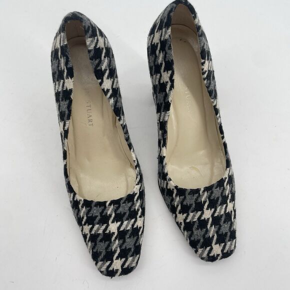Colin Stuart Size 6.5 Houndstooth High Heels Black Gray Square Toe Fabric Upper - Picture 2 of 9